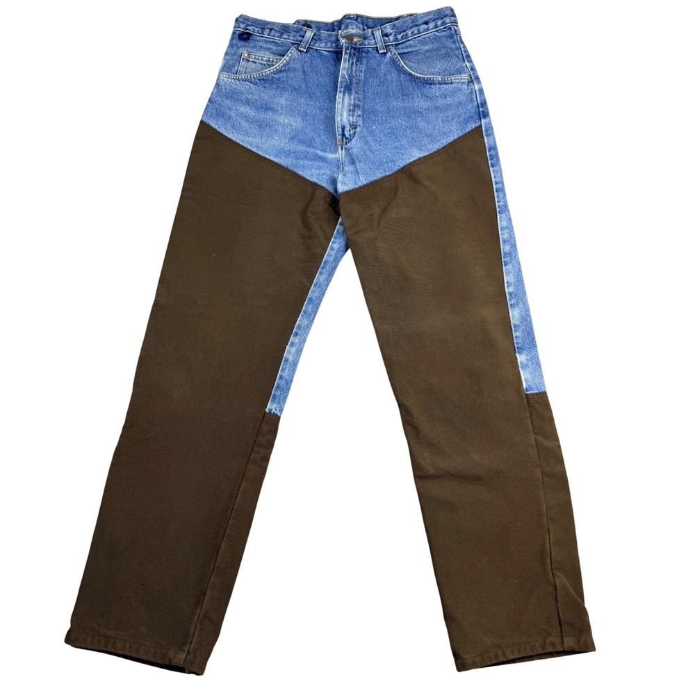 Wrangler Brush Pants Mens 34x34 Blue Denim Brown Canvas Overlay Hunting Jeans